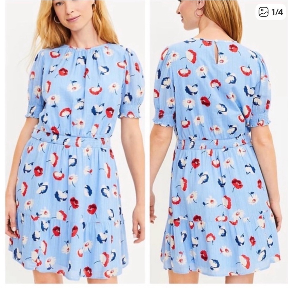 LOFT Light Blue Floral Print Smocked Flounce Dress Size 12